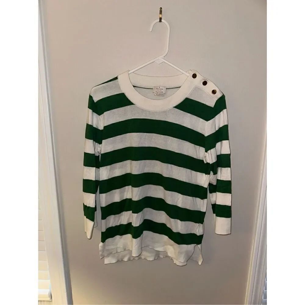 Kate Spade Green White Stripe Cashmere Blend Sweater M 3/4 Sleeve Buttons